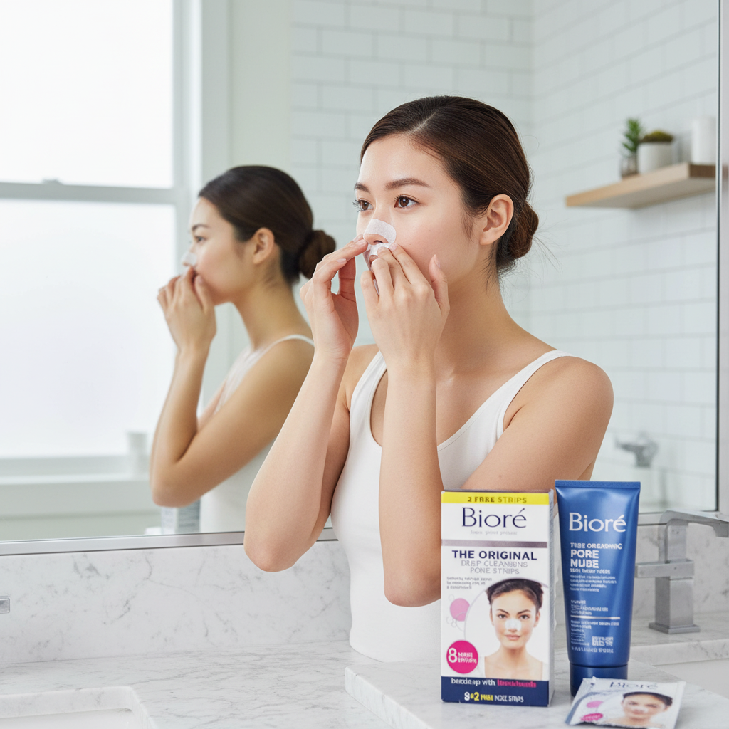 Young woman applying Bioré pore strip to nose in bright bathroom, skincare routine lifestyle