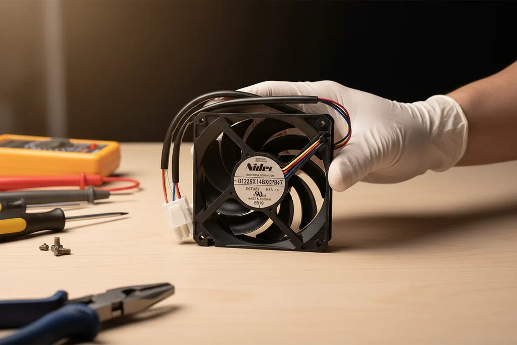 Hand holding a precision appliance condenser fan motor next to repair tools