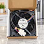 GE WR60X10358 condenser fan in its open box on a kitchen counter