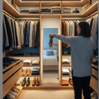 Person reaching into a well-lit closet with GE LED light bars mounted under shelf