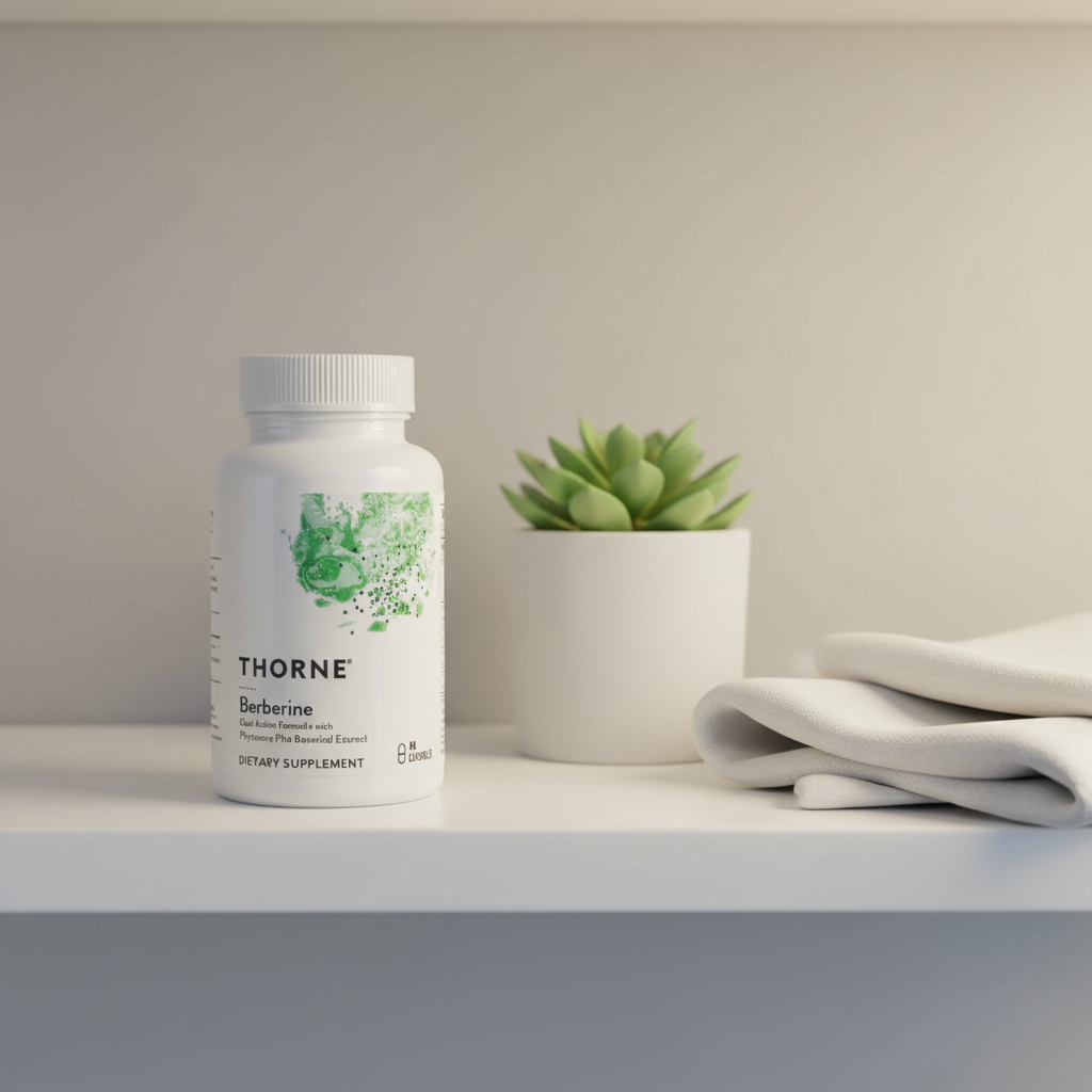 Thorne Berberine bottle with green watercolor design on minimalist white shelf beside succulent plant and white linen cloth