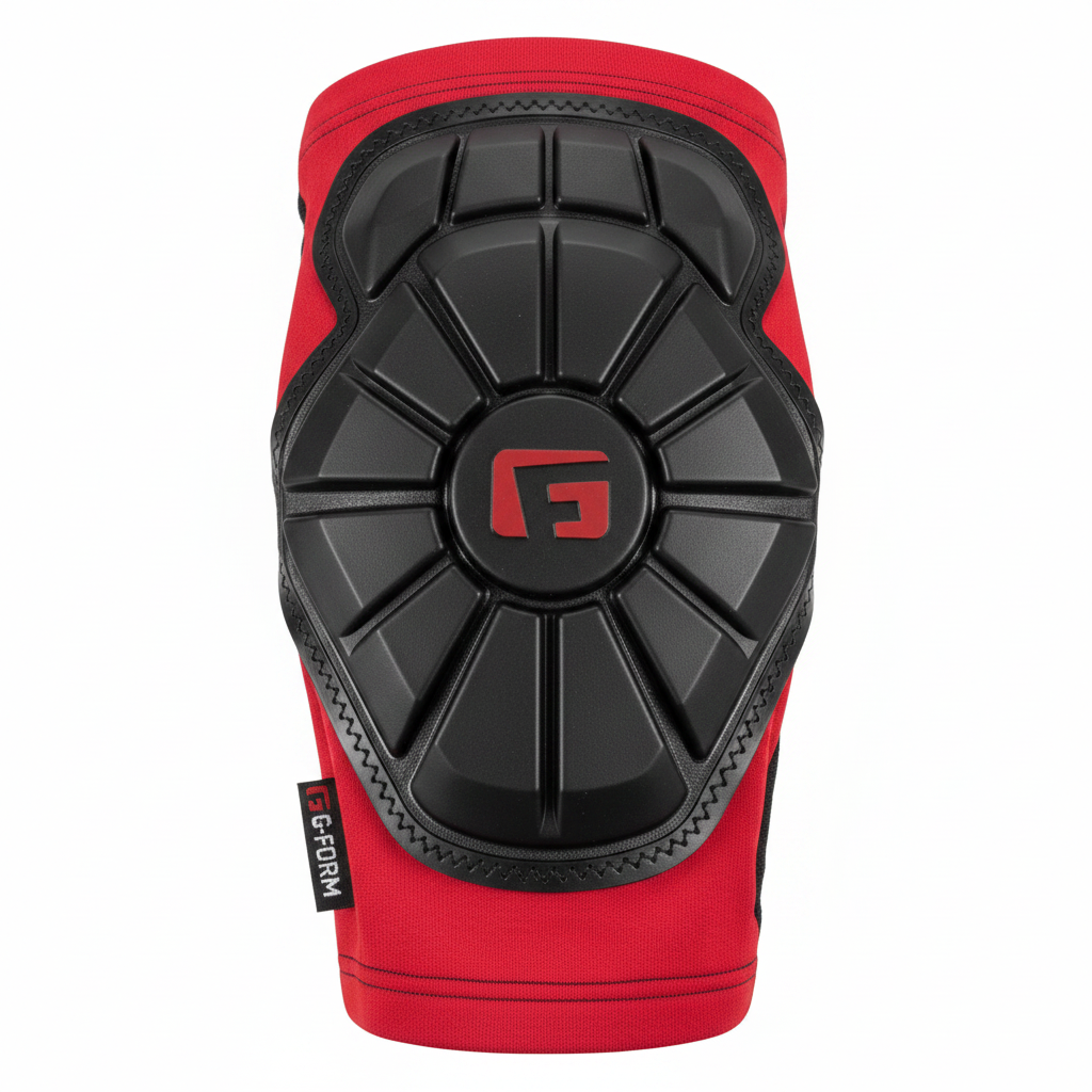 Close-up detail of G-Form Elbow Pads Large SmartFlex multi-panel pad and red sleeve on white background