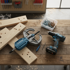 Lifestyle — blue and grey pocket-hole jig on rustic workshop bench beside cordless drill, wood screws, and pine boards — DIY woodworking flatlay editorial for visual context only