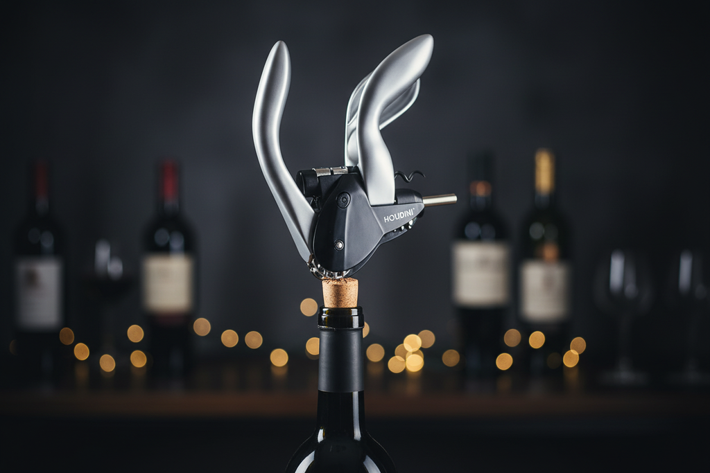 Houdini Lever Corkscrew close-up all-metal gear mechanism removing cork from wine bottle - More4less Outlet