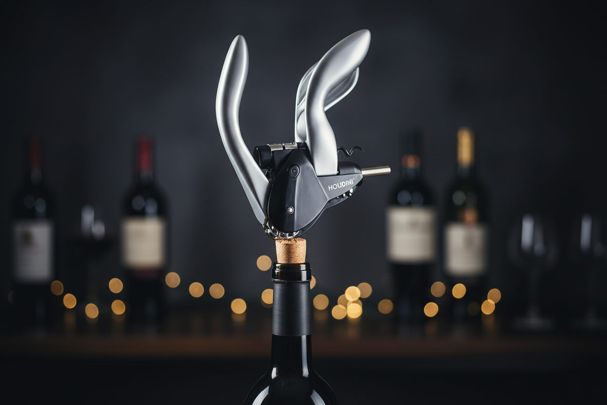 Houdini Lever Corkscrew close-up all-metal gear mechanism removing cork from wine bottle - More4less Outlet