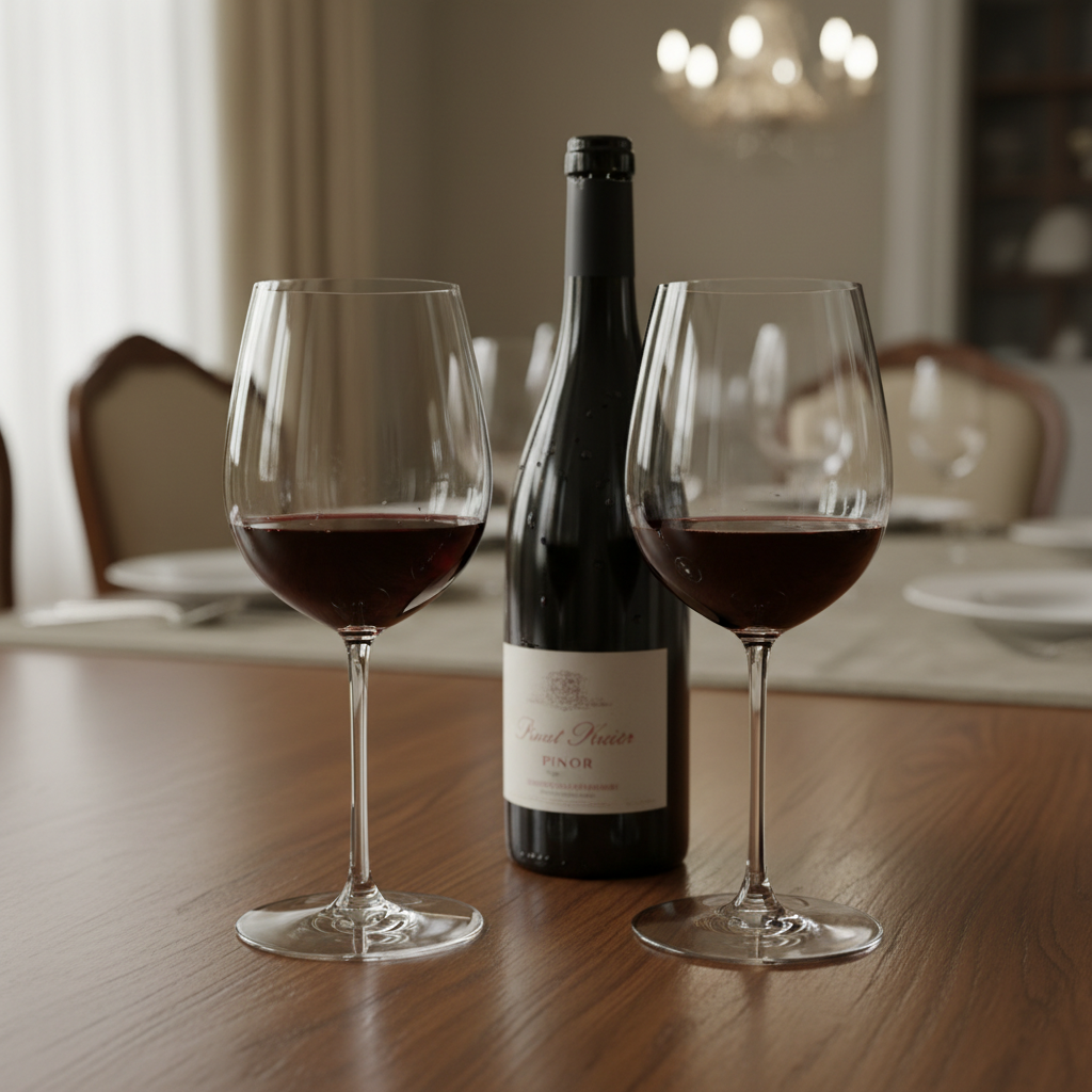 Pair of elegant flat-bottomed crystal red wine glasses filled with deep ruby Pinot Noir on a dark oak dining table beside a wine bottle