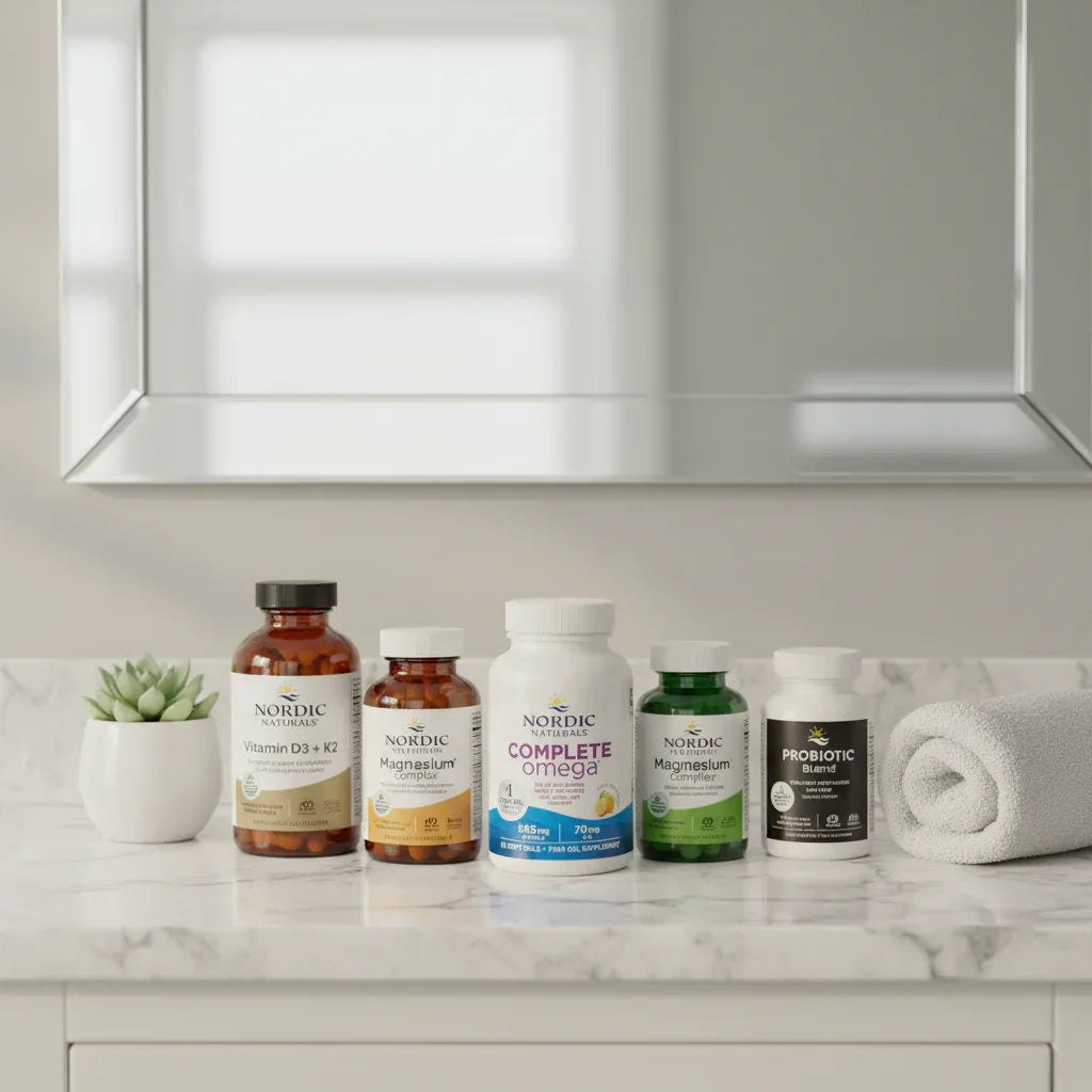 Clean minimal bathroom vanity showing professional healthy lifestyle supplement bottles on white marble surface
