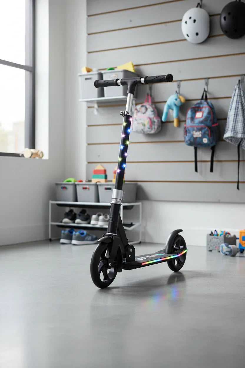 Jetson Jupiter Jumbo kick scooter in organized modern home storage space with bright lighting