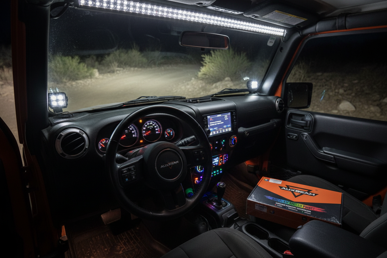 Auxbeam RB80 8-Gang RGB Switch Panel glowing in Jeep Wrangler dashboard at night with LED light bars - More4less Outlet