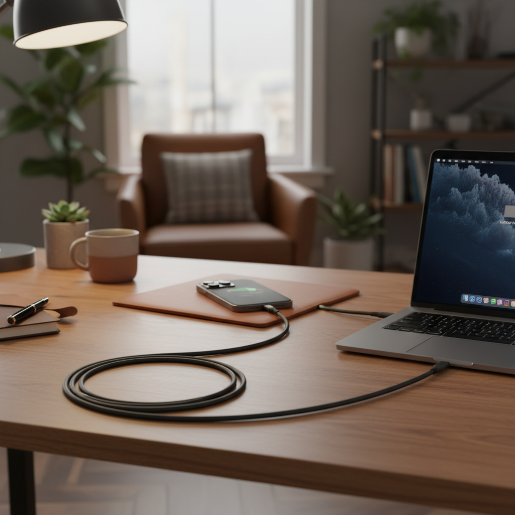 Black 10ft USB-C to Lightning cable connecting iPhone to MacBook on a home office desk — More4less Outlet