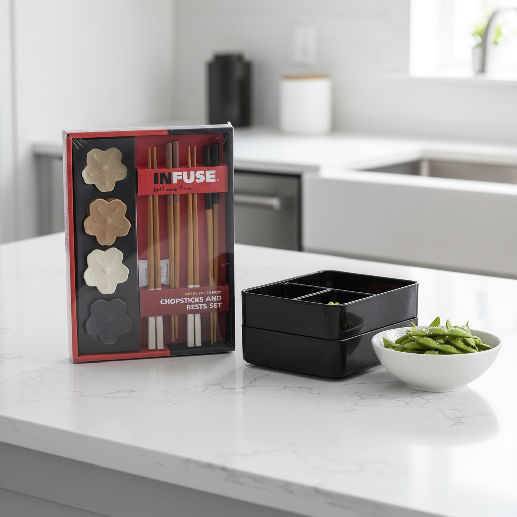 Infuse Spring Day Chopsticks and Rests Set on modern kitchen island next to black bento box and bowl of fresh edamame