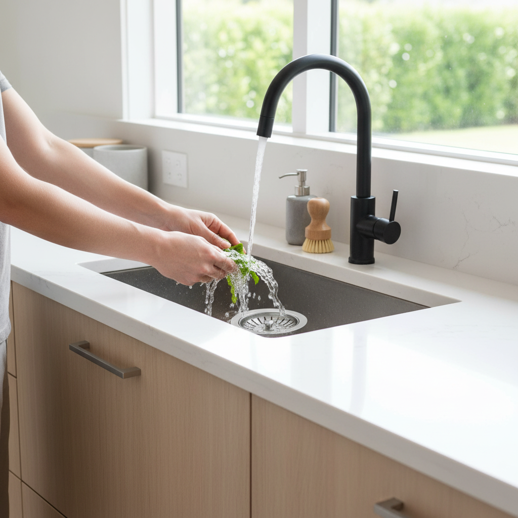 Homeowner rinsing food scraps into stainless steel kitchen sink drain with water running