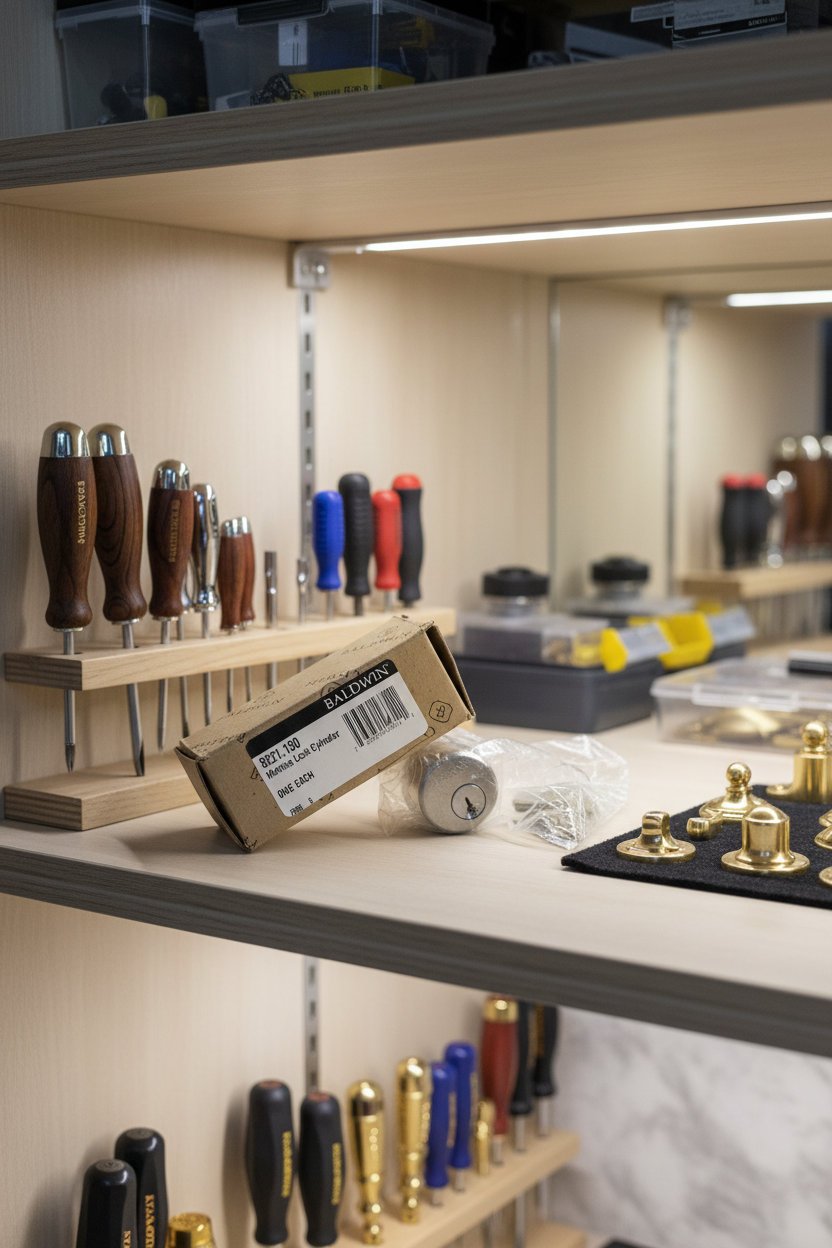 Baldwin 8321.150 mortise lock cylinder hardware package in workshop cabinet with screwdriver sets and brass hardware samples