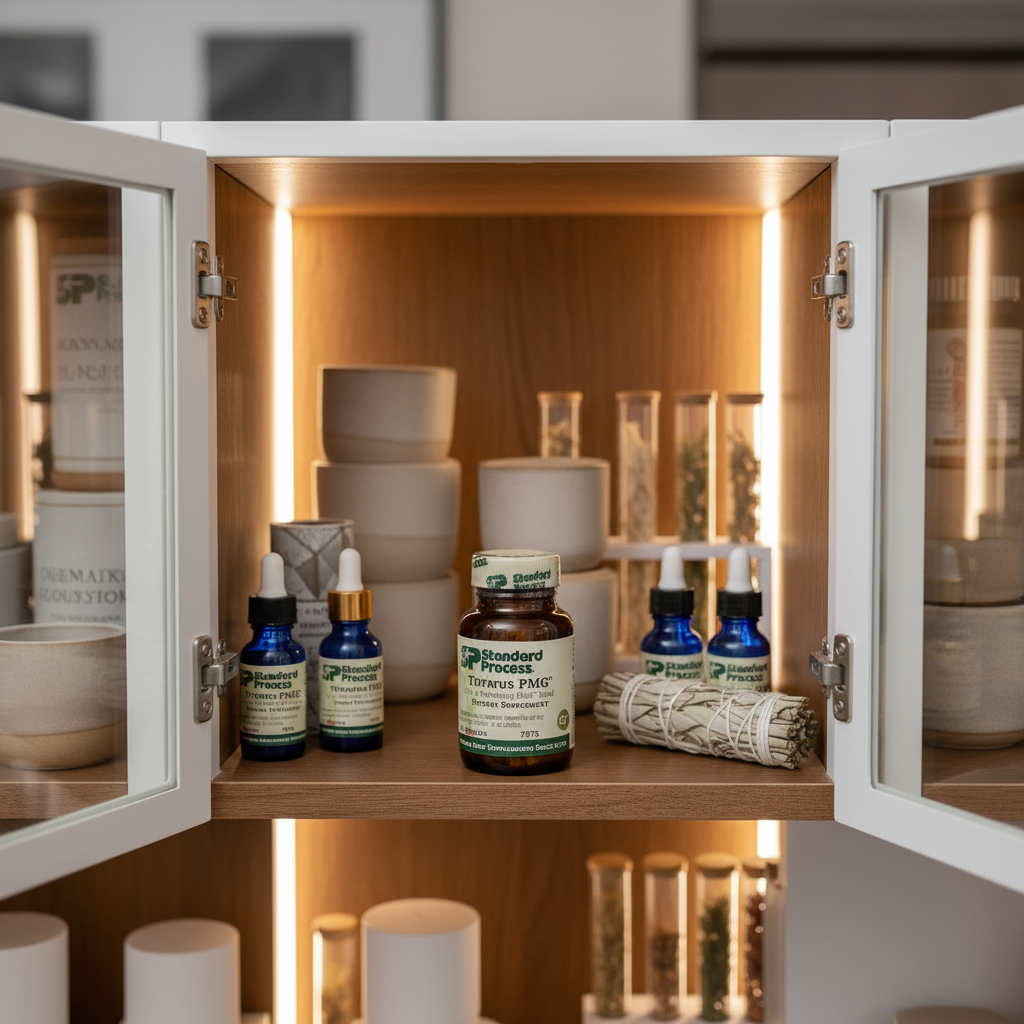 Standard Process Thymus PMG glandular supplement in modern apothecary cabinet with glass doors and interior lighting