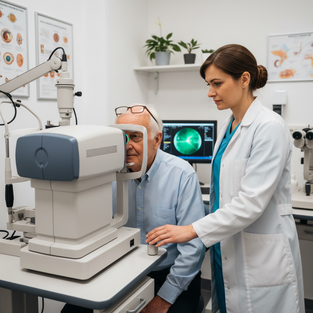 Older adult man having an eye exam at an ophthalmologist looking into retinal imaging device
