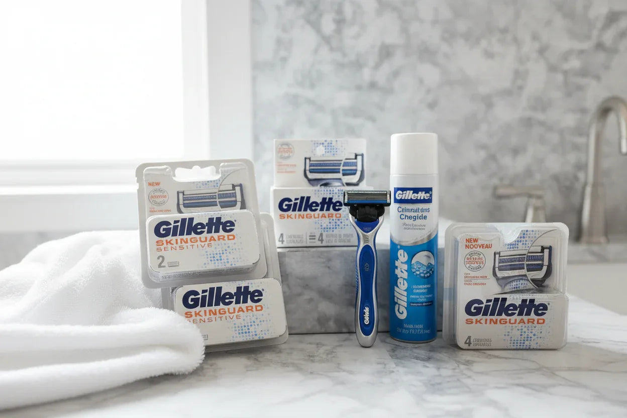 Gillette SkinGuard Sensitive blade refills on marble bathroom counter with razor handle lifestyle