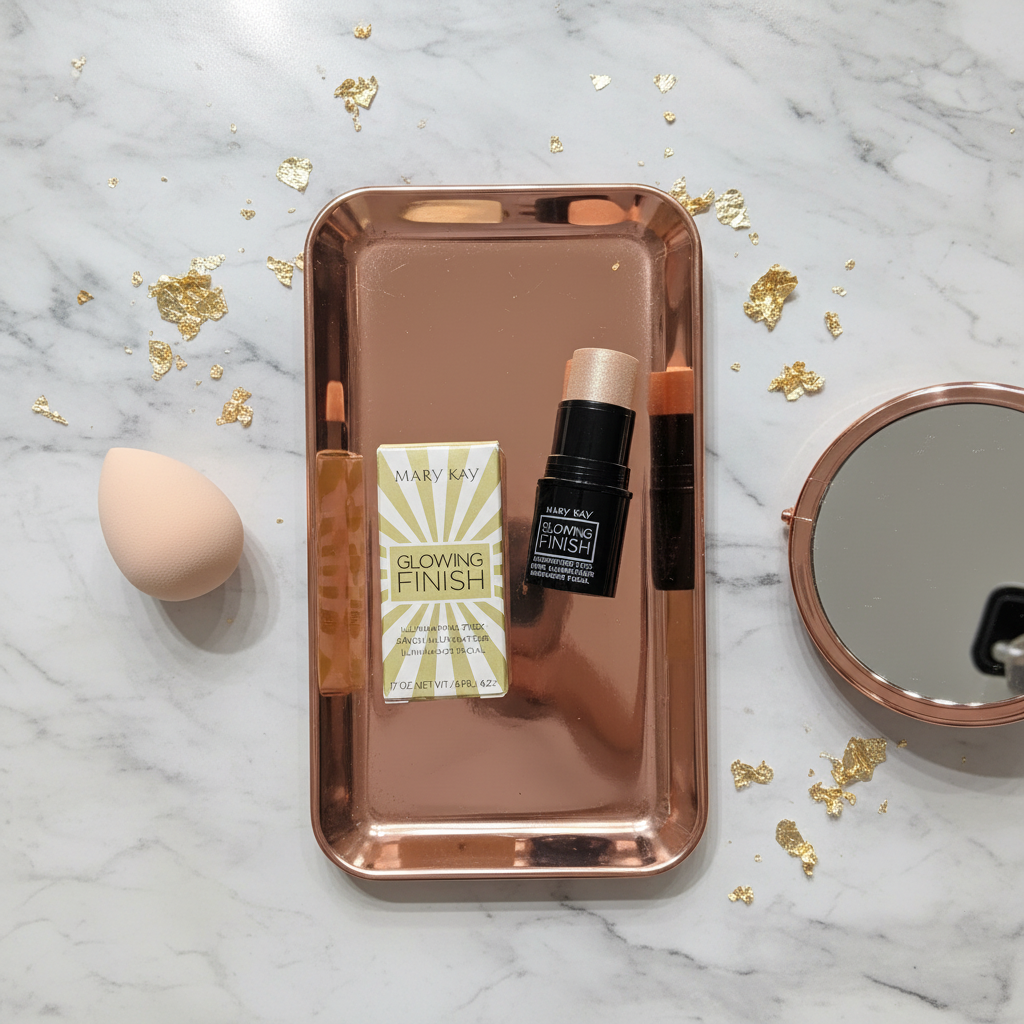 Mary Kay Glowing Finish Illuminating Stick Gold glossy black stick with cream golden shimmer bullet flat-lay on a rose-gold vanity tray with makeup sponge, small mirror, and scattered gold leaf accents on white marble