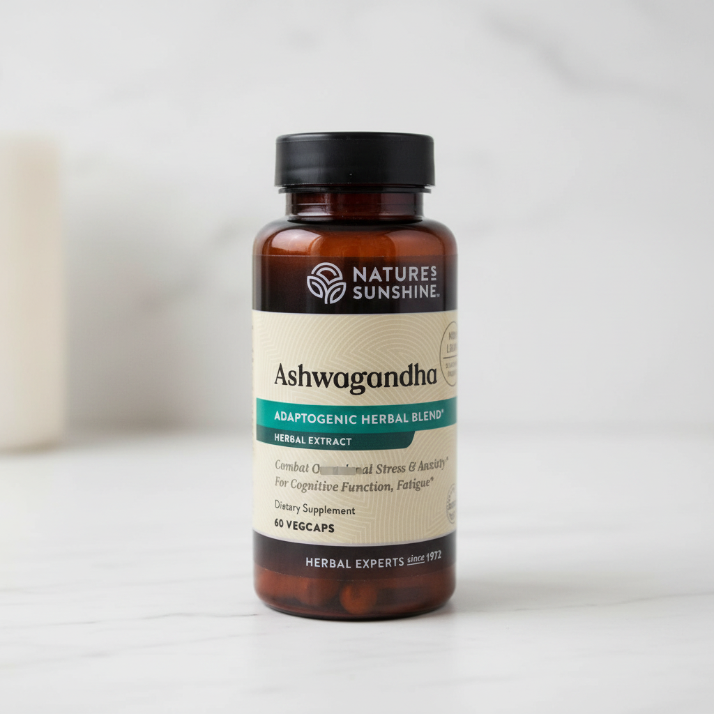 Nature's Sunshine Ashwagandha Herbal Blend bottle on a clean white counter