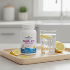 AI-generated contextual image of Nordic Naturals Complete Omega lemon supplement bottle beside water and lemon slices on a breakfast wellness surface
