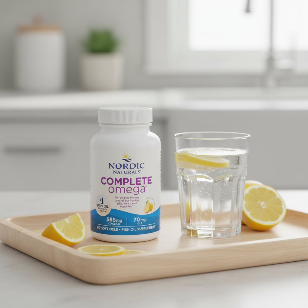 AI-generated contextual image of Nordic Naturals Complete Omega lemon supplement bottle beside water and lemon slices on a breakfast wellness surface