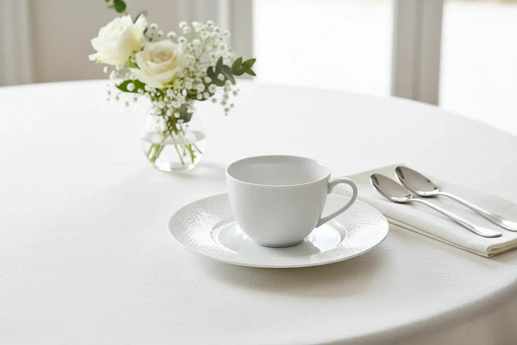Bernardaud Organza saucer on elegant breakfast table setting lifestyle
