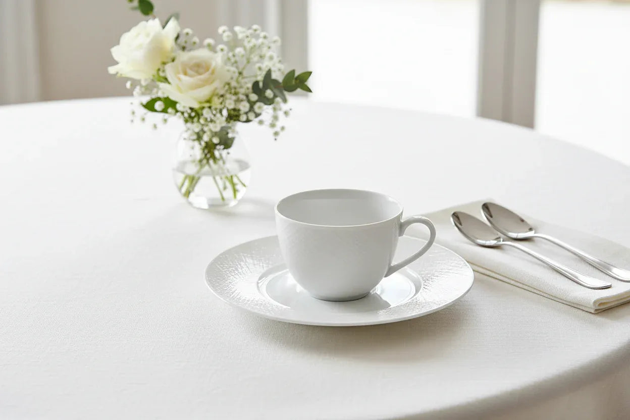 Bernardaud Organza saucer on elegant breakfast table setting lifestyle