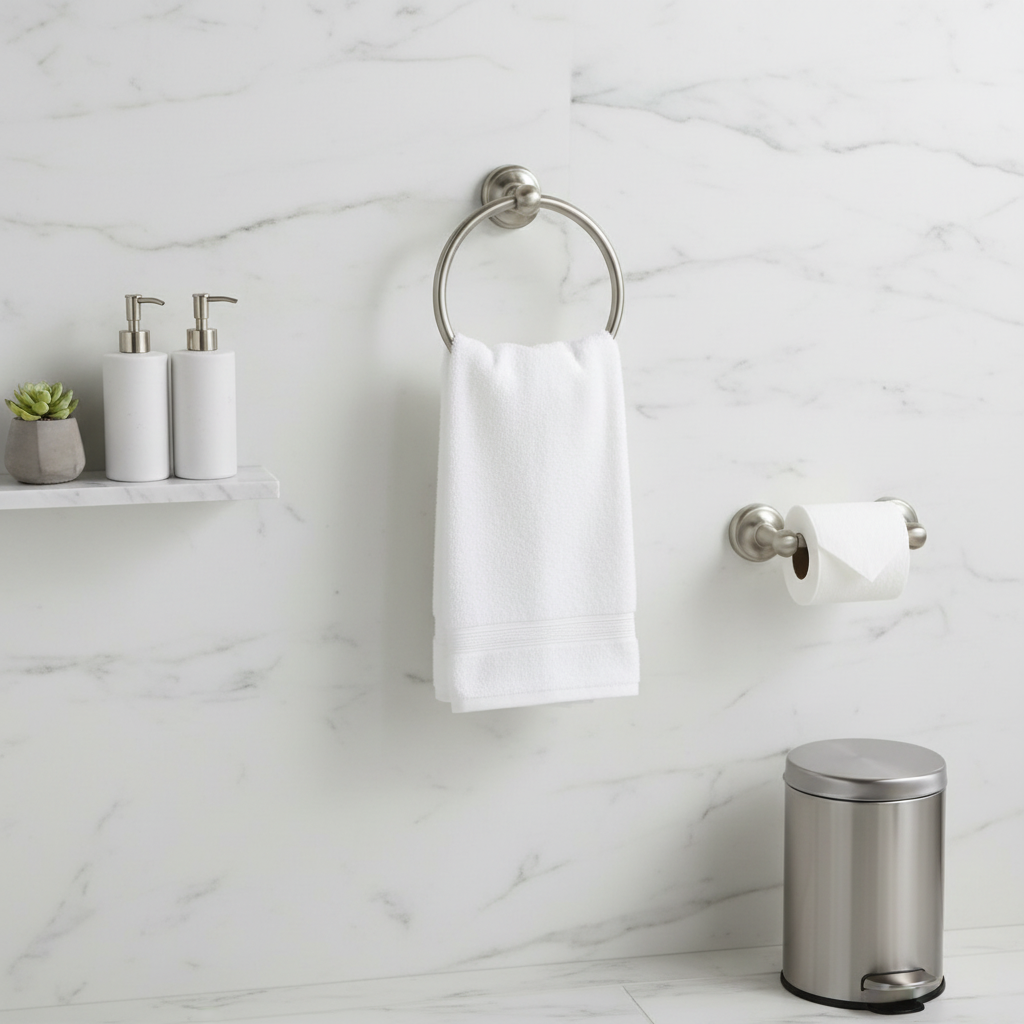 Minimalist bathroom with brushed nickel towel ring and coordinated metal accessories on marble tile – More4less Outlet