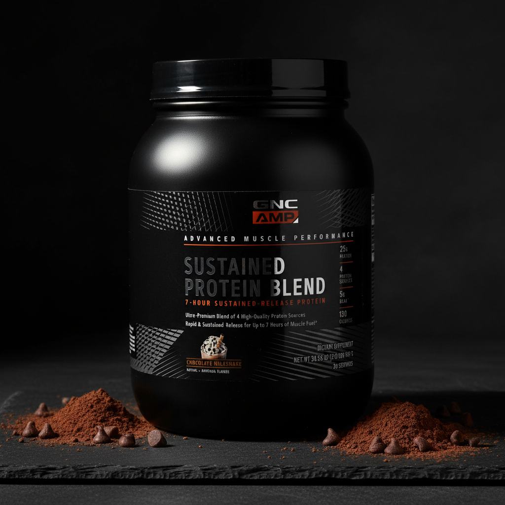 GNC AMP Sustained Protein Blend container on a dark slate surface surrounded by cocoa powder and chocolate chips.