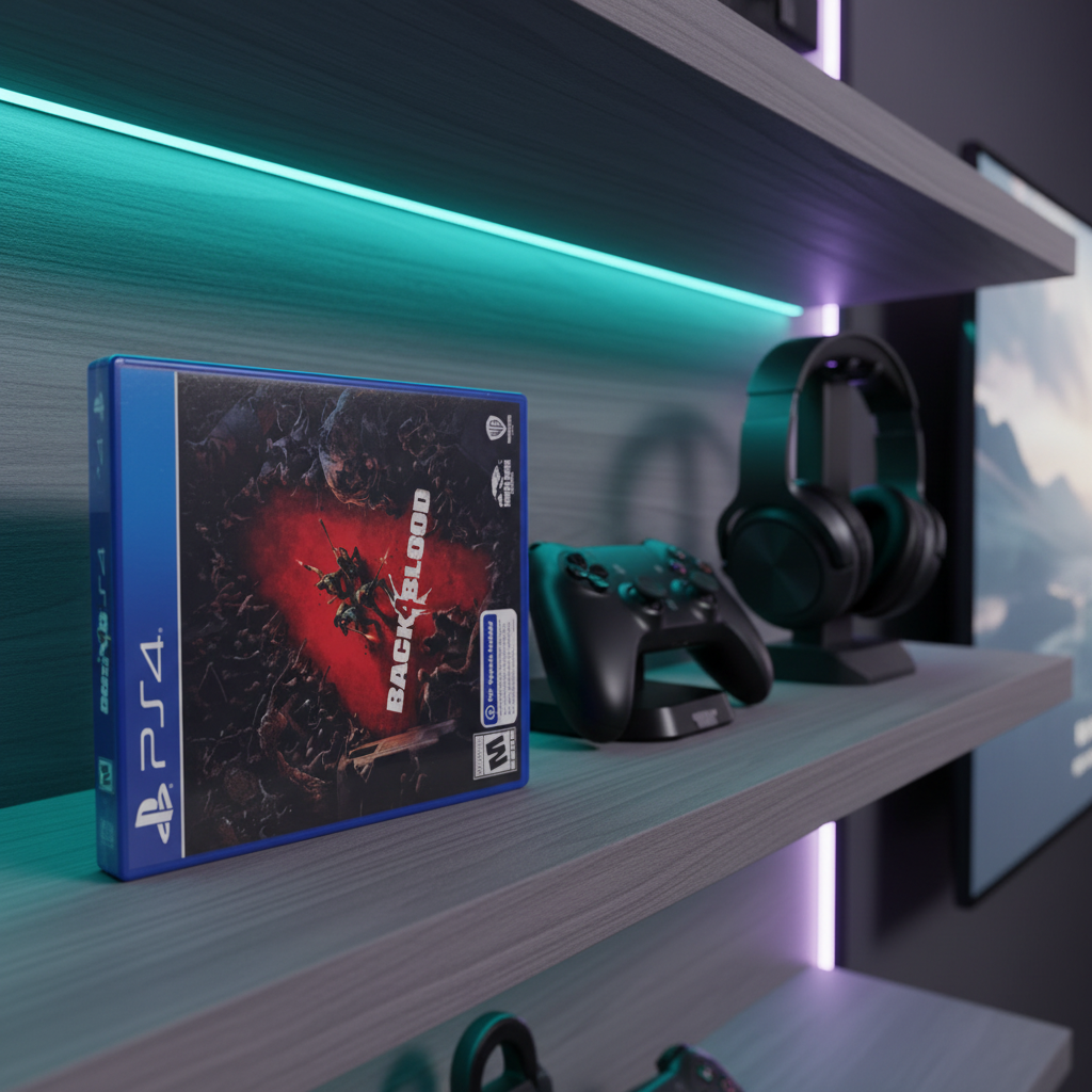 Back 4 Blood PS4 game case on gray-wood shelf in gaming lounge