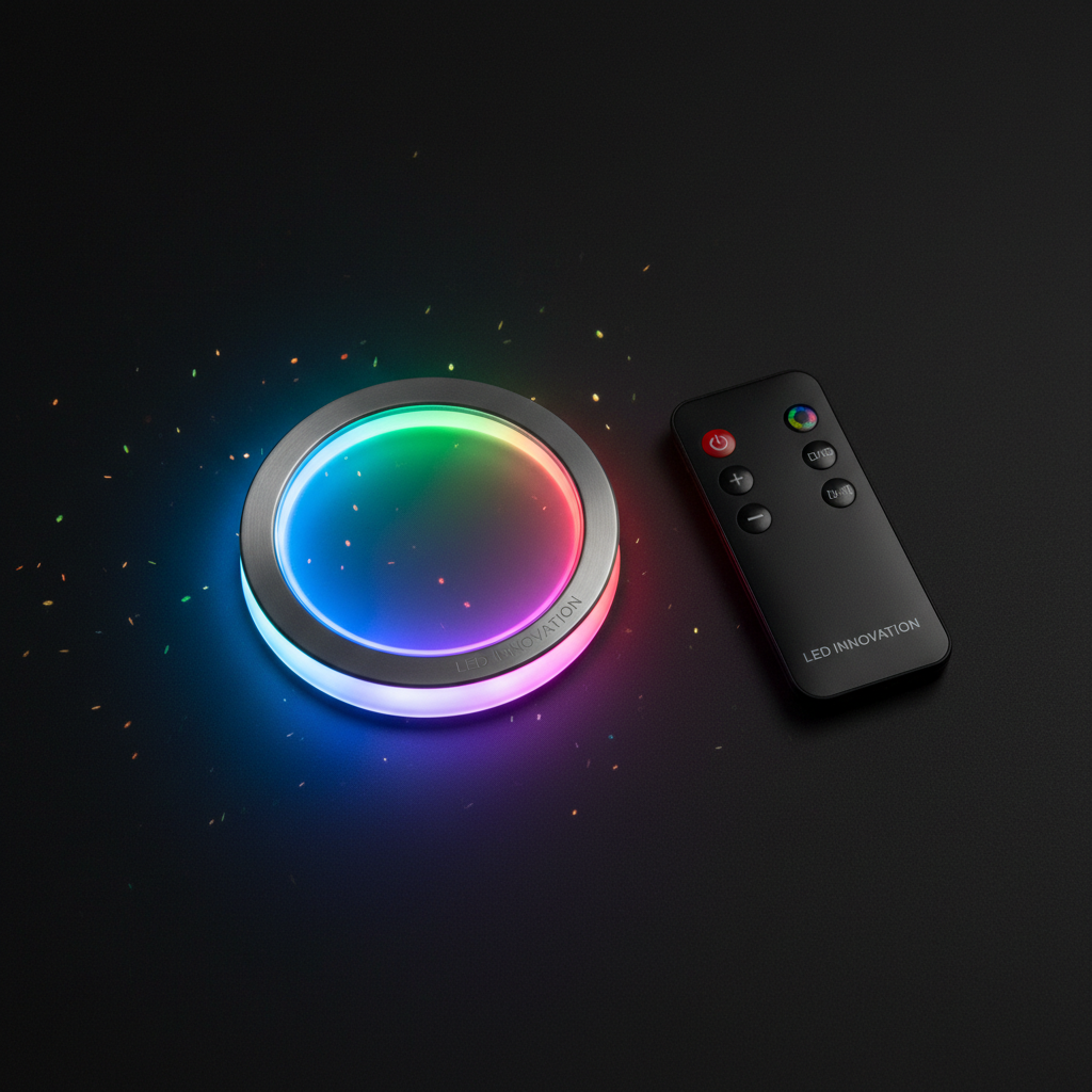 LED Innovation cup holder light puck and wireless remote control flat lay dark matte surface multicolor LED glow - More4less Outlet