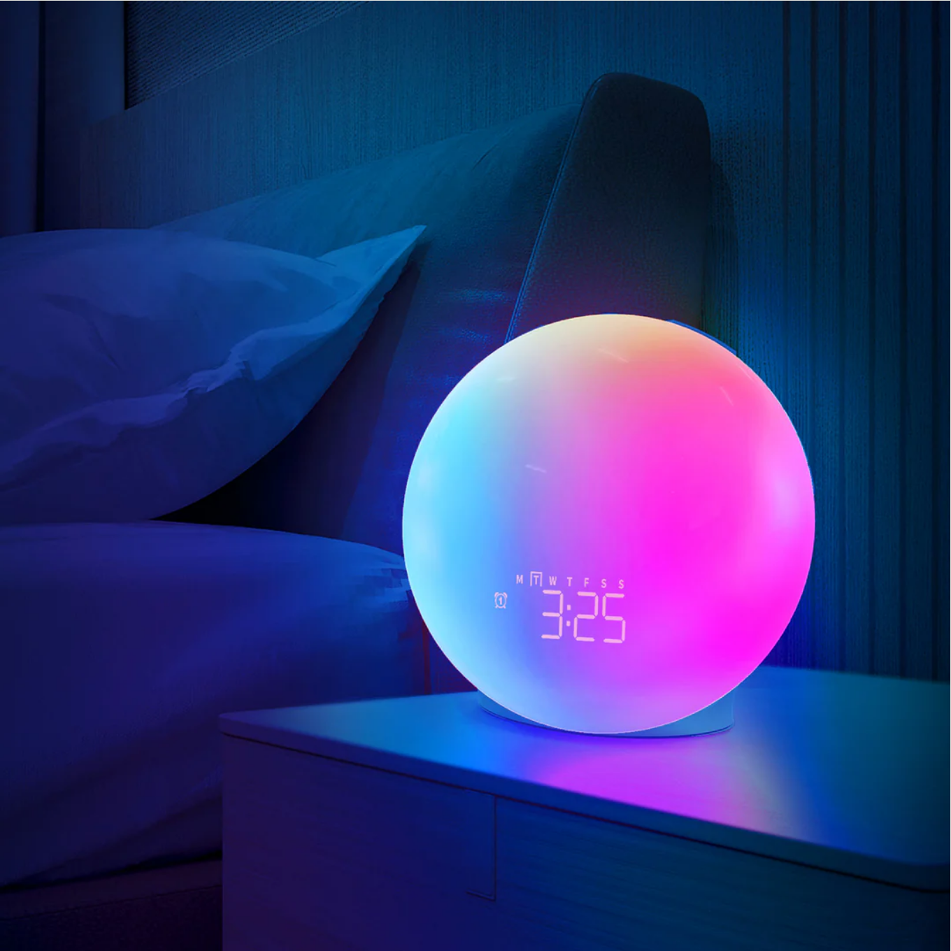 Premium Sunrise Alarm Clock by More4less Outlet with 19 color modes and natural sleep sound features displayed on a bedside table.