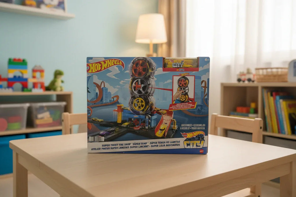 Hot Wheels City Super Twist Tire Shop playset box in child's organized playroom with warm lighting