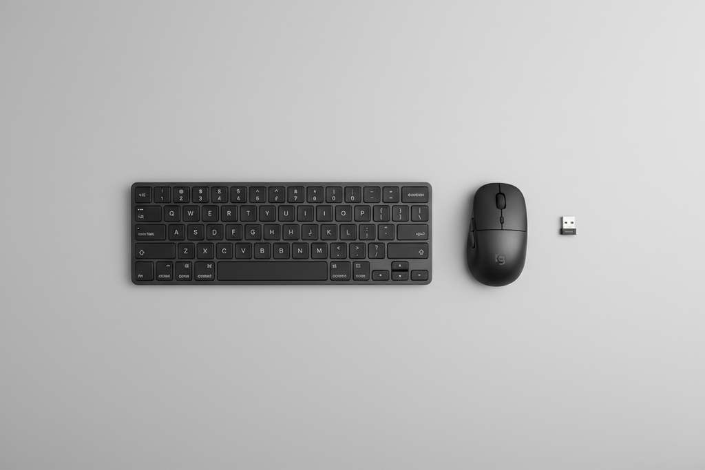 Logitech MK470 Slim Wireless Keyboard and Mouse flat lay with USB nano receiver overhead shot – More4less Outlet