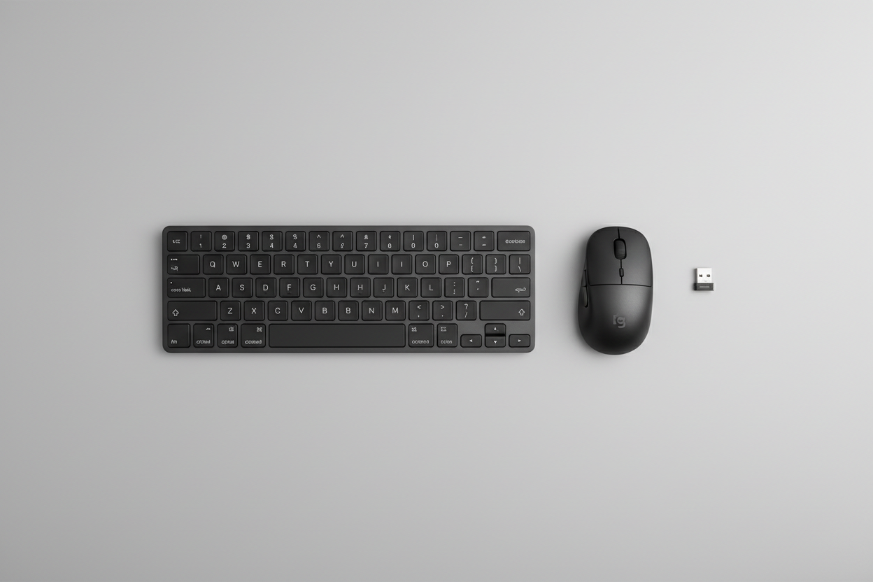 Logitech MK470 Slim Wireless Keyboard and Mouse flat lay with USB nano receiver overhead shot – More4less Outlet
