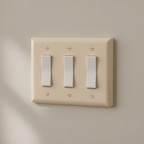 Close-up of light almond triple rocker wall switch plate on neutral painted wall