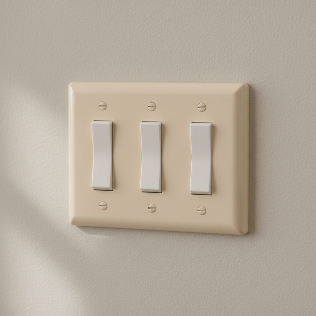 Close-up of light almond triple rocker wall switch plate on neutral painted wall