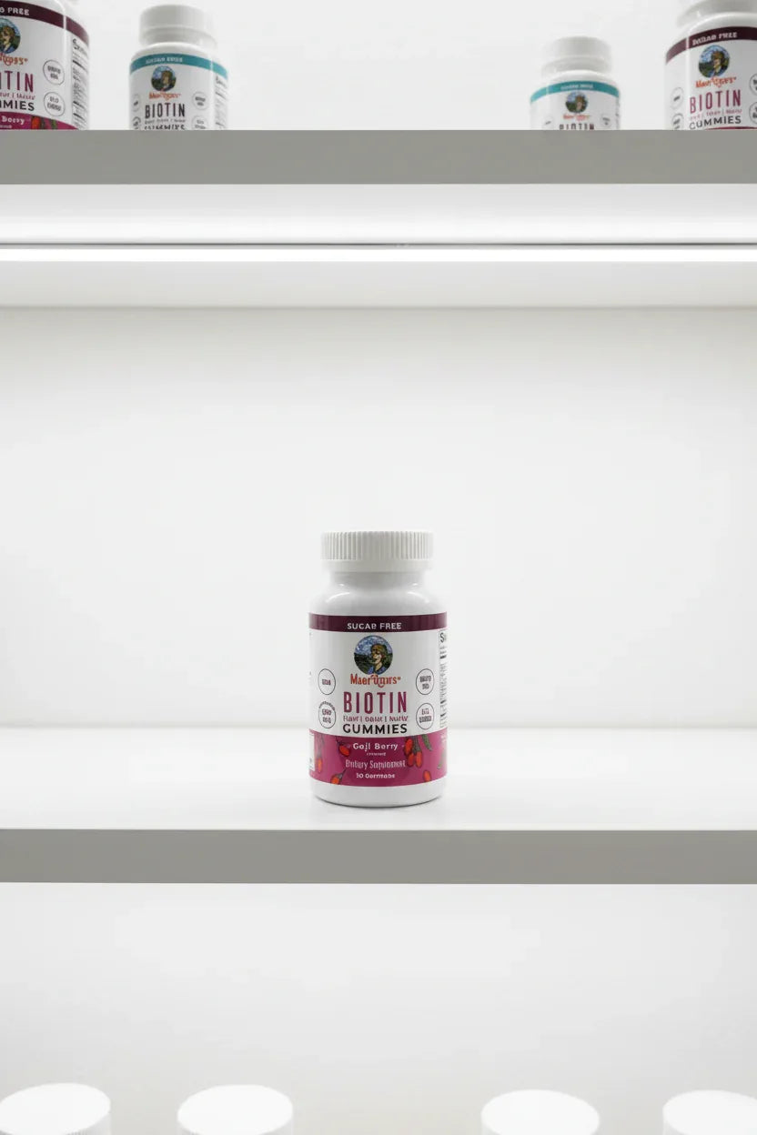MaryRuth's Biotin Gummies bottle on bright minimalist wellness pantry shelf white lighting