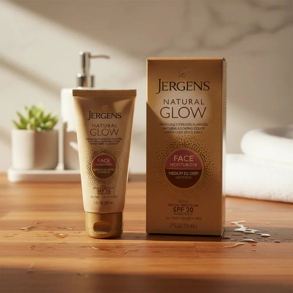 Jergens Natural Glow gold face moisturizer tube and box on natural wood bathroom surface, warm morning light lifestyle photography