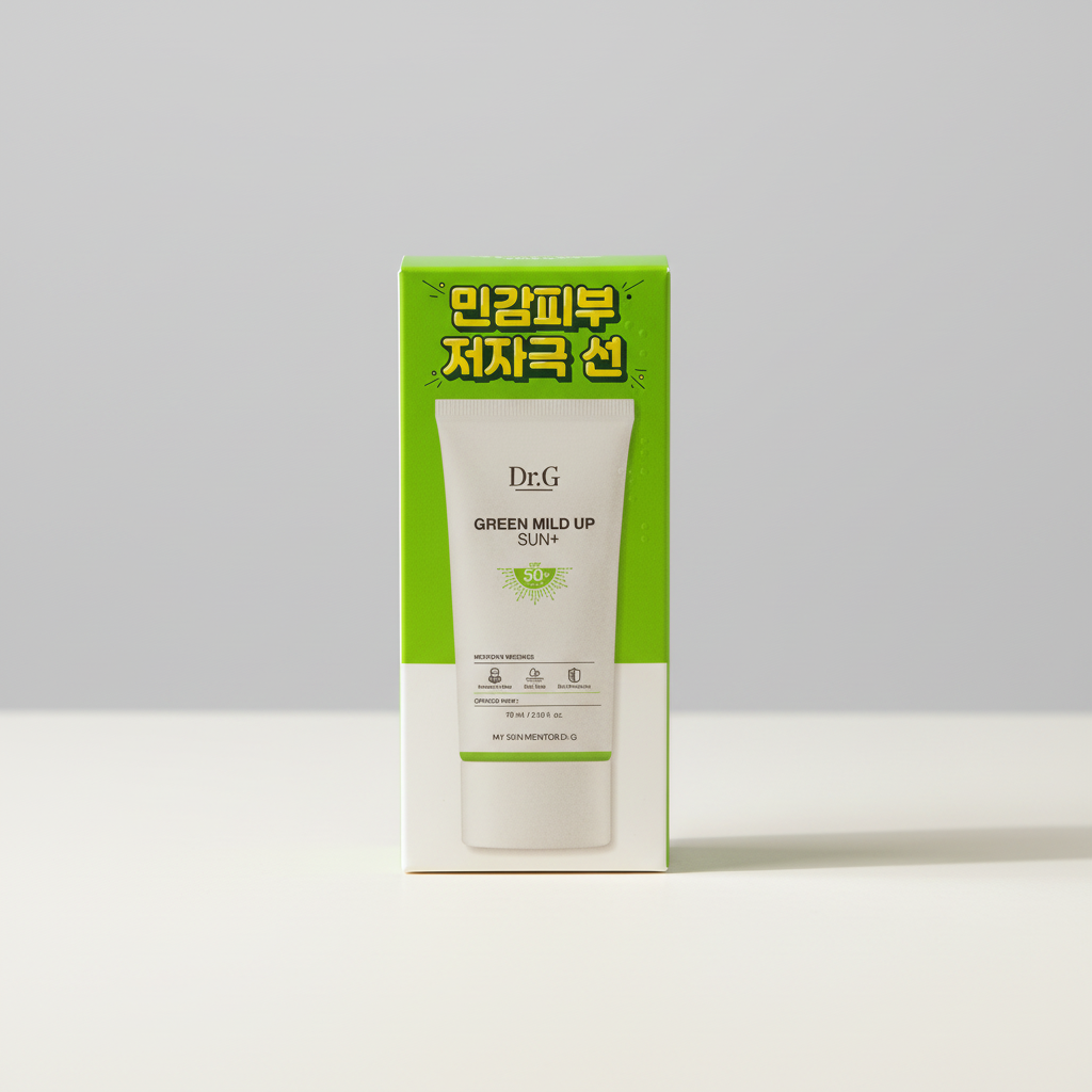 AI-generated studio image of Dr.G Green Mild Up Sun+ SPF50+ PA++++ 70 mL retail box on a warm-white surface