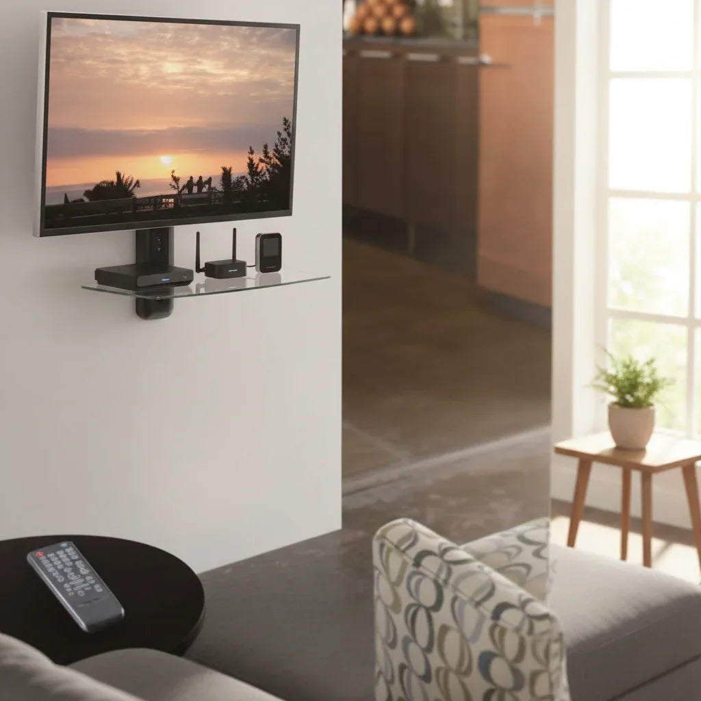 OmniMount OWS22 AV wall shelf in living room corner with small media components lifestyle image
