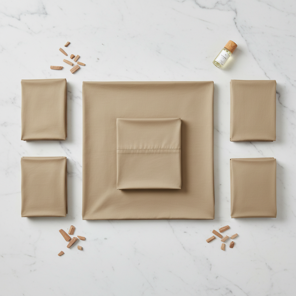 Flat lay of neatly folded natural tan bed sheets and four pillowcases on a white marble surface with sandalwood chips and essential oil vial.