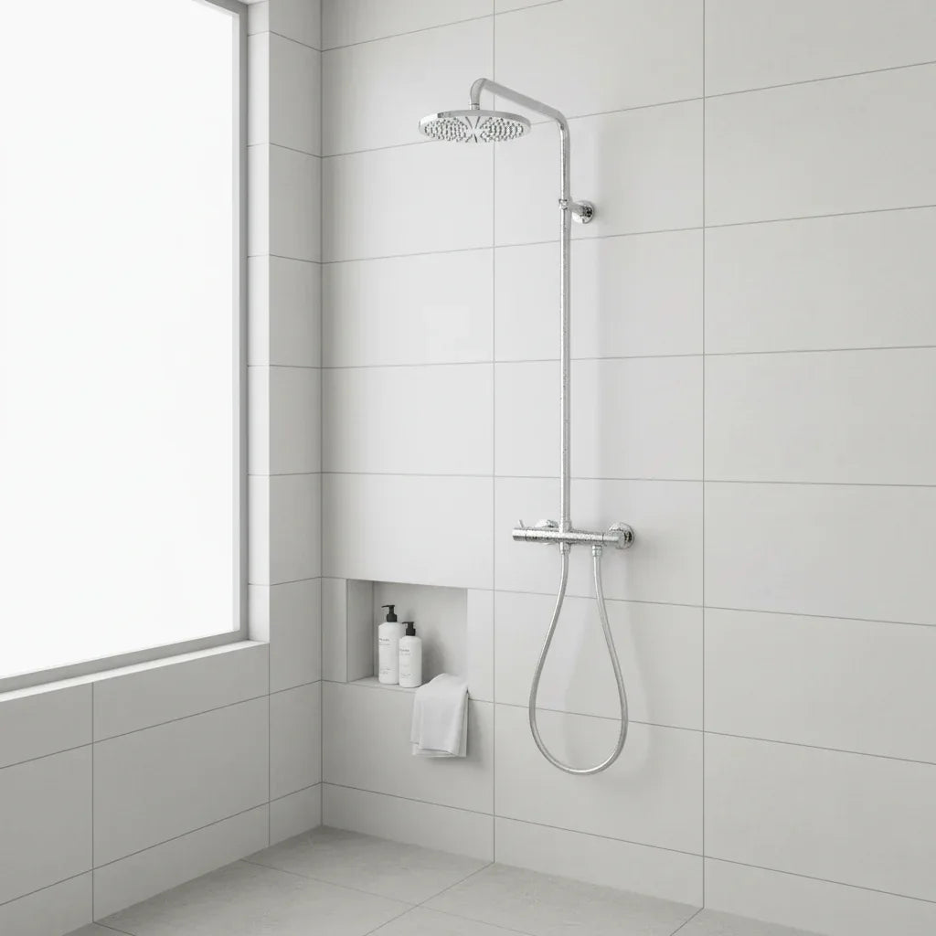 Minimalist spa-like bath area showing Hansgrohe polished chrome shower arm fittings on white tile wall