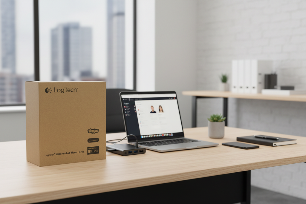 Logitech H570e Mono USB headset retail box on corporate office desk with laptop and USB hub – More4less Outlet