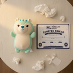 Squishmallows Hug Mees Mint Squirrel Plush next to More4less Outlet Stuffed Friend Adoption Certificate gift flat lay - More4less Outlet