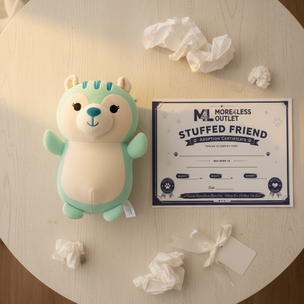 Squishmallows Hug Mees Mint Squirrel Plush next to More4less Outlet Stuffed Friend Adoption Certificate gift flat lay - More4less Outlet