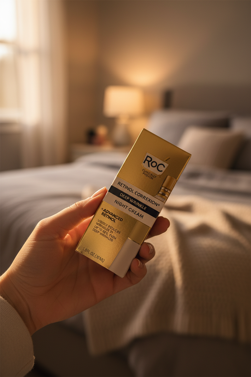RoC Retinol Correxion Deep Wrinkle Night Cream held in hand against soft bedroom nighttime background.