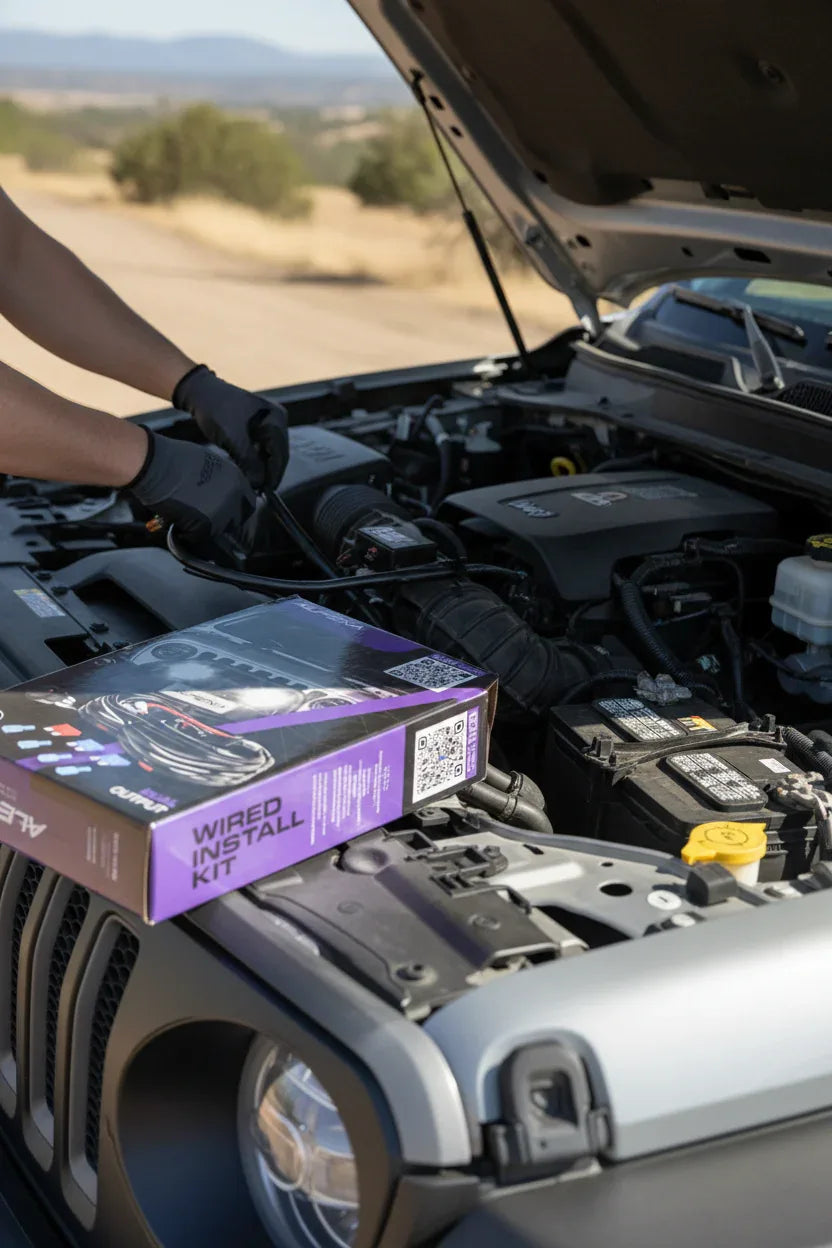 Alpena 12V wiring harness being installed in truck engine bay — auxiliary light relay setup for off-road vehicles