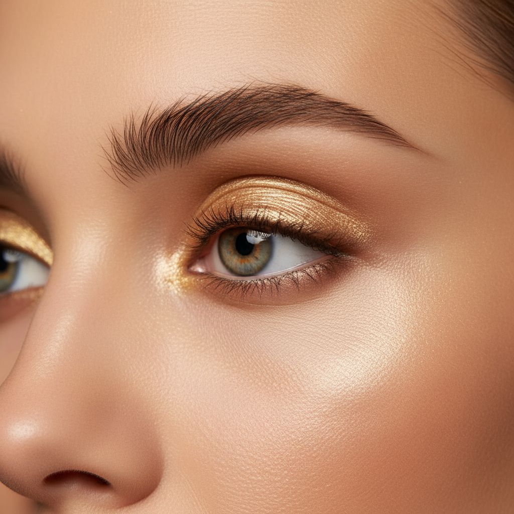 Close-up of woman's eye with stunning gold cat-eye liner look created with Mary Kay Gel Liner Duo Dramatic Gold