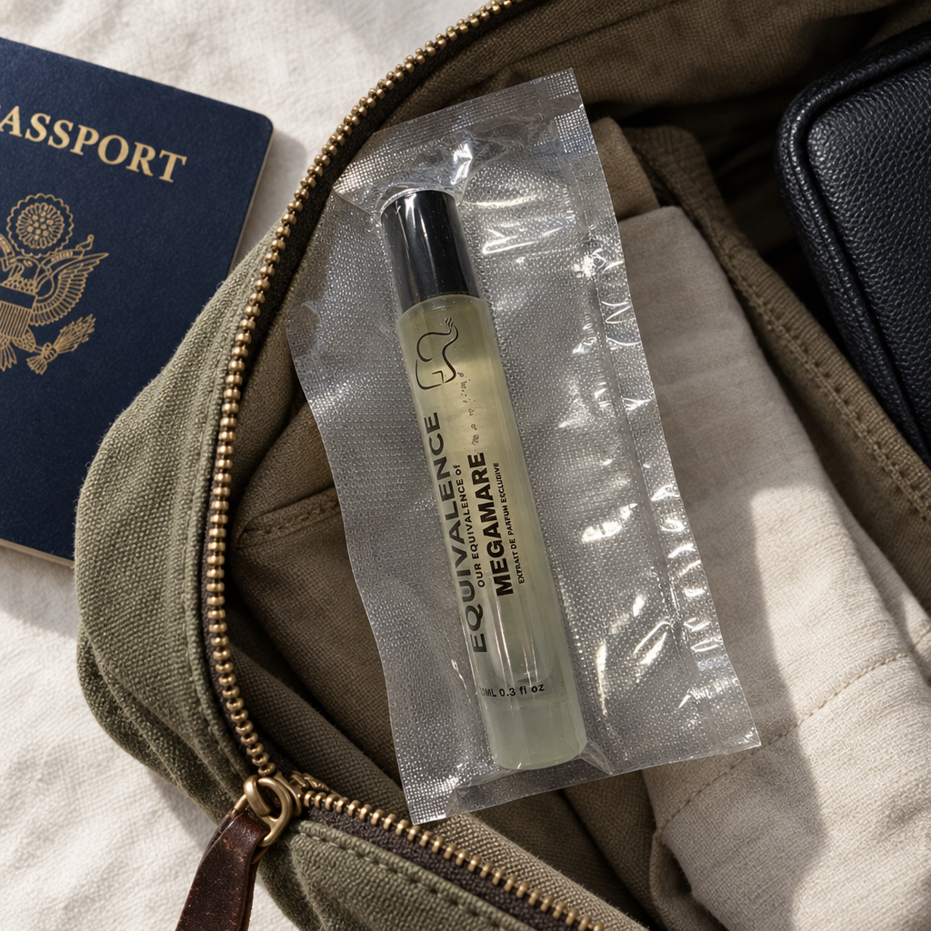 Equivalence Our Equivalence of Megamare Extrait de Parfum travel-size sealed vial packed in a travel bag with a passport. At least one real product photo taken by Chad is included in the gallery. Remaining images are AI-generated lifestyle photos for visual context only. Minor label or packaging variation may occur between matching stocked units.