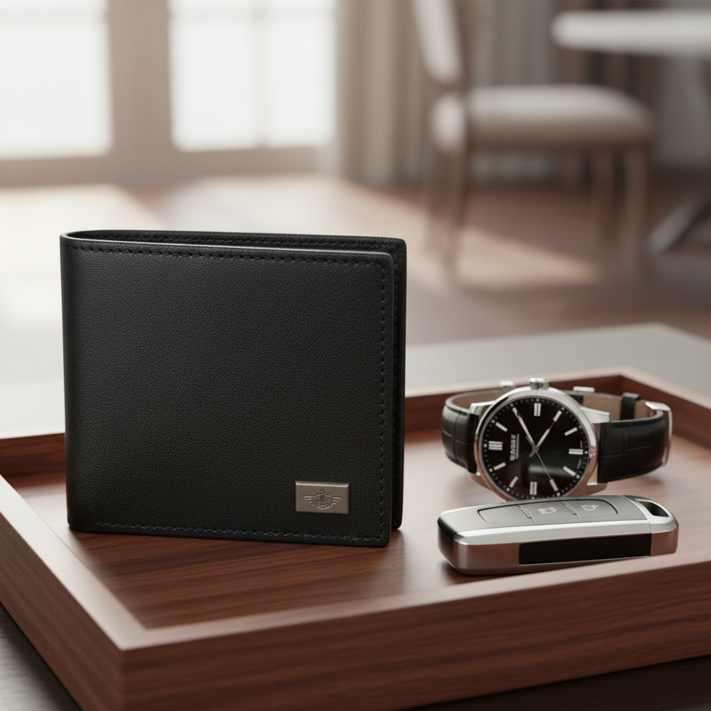 Dockers black leather bifold wallet on dark wood valet tray with luxury watch and car key fob showing premium men's accessories